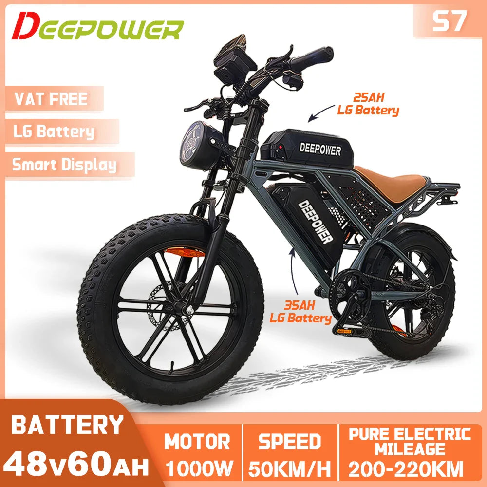 Vélo électrique tout-terrain DEEPOWER S7 pour adultes, moteur 1000 W, VTT électrique avec batterie LG 48 V 60 Ah, style moto tout-terrain