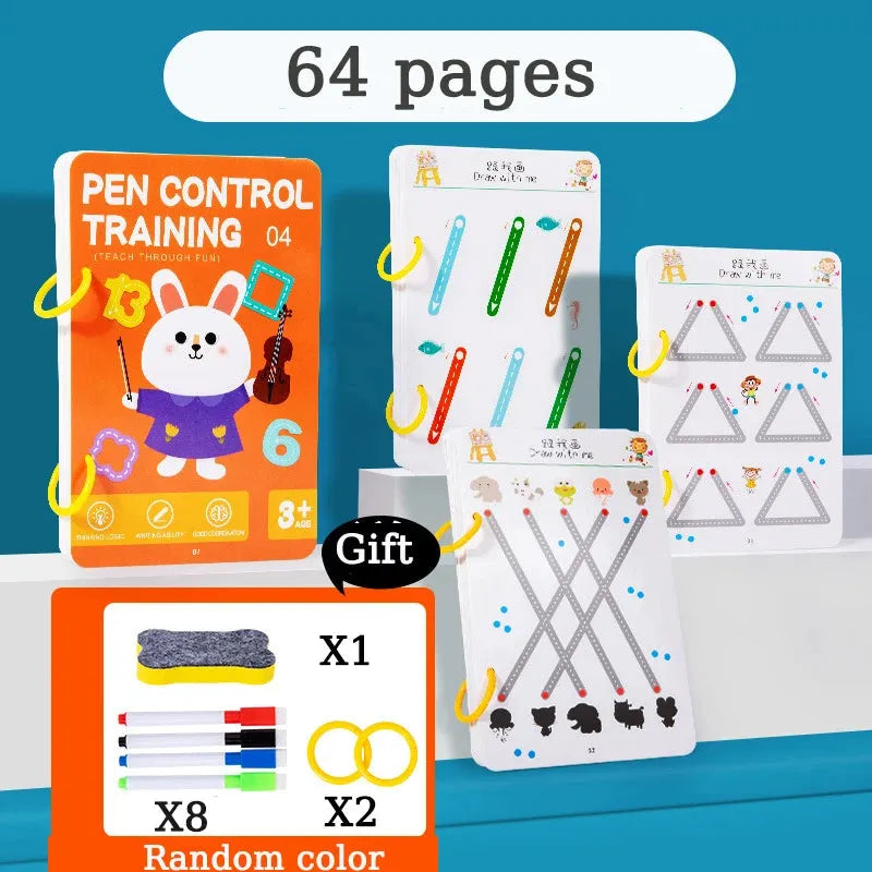 Kids Pen Control Training Book with Pen Reuse Montessori Drawing Children Erasable Painting Book Early Education Book Pen - Enfance-Heureuse