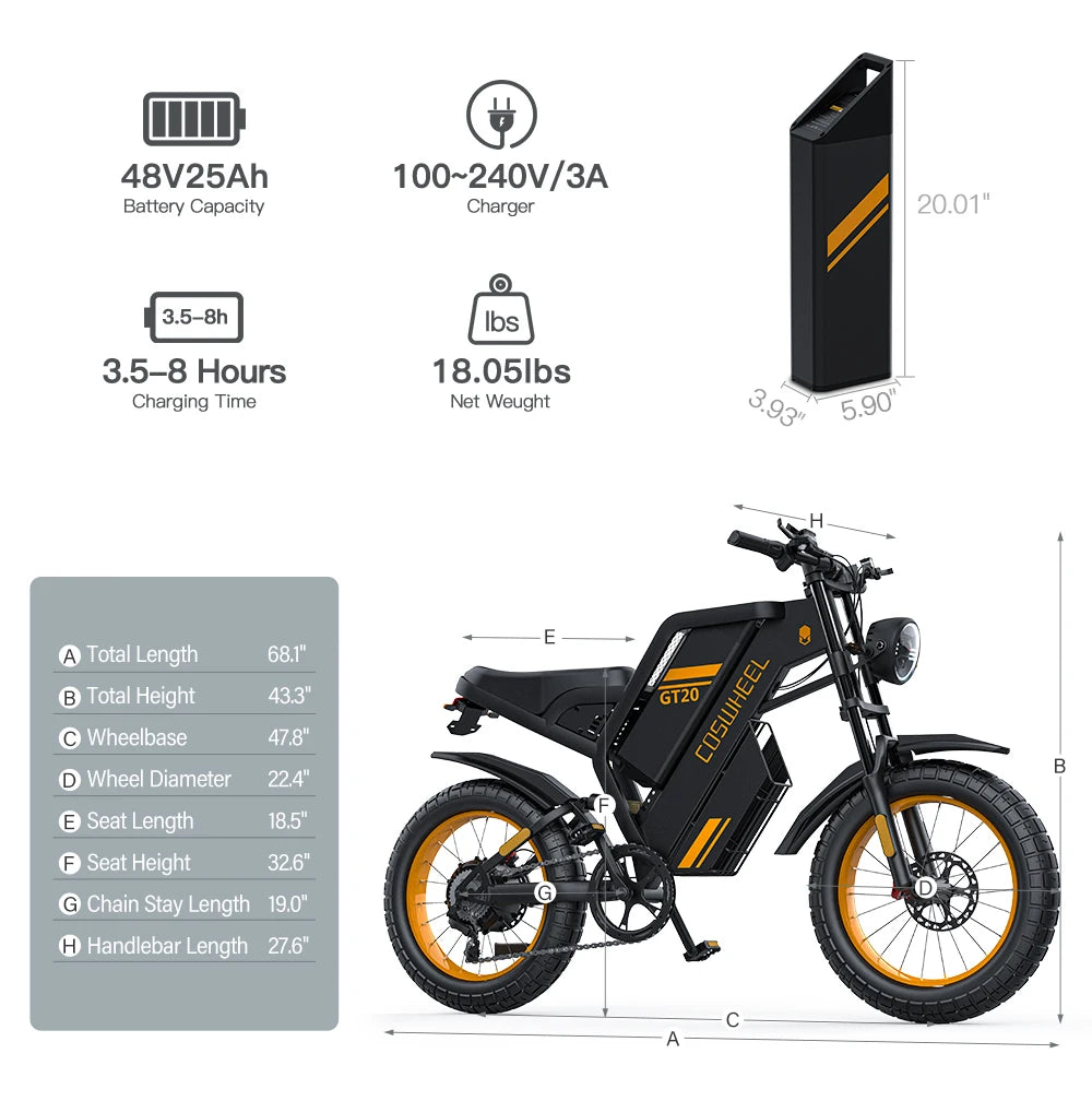 Coswheel Ebike GT20 Adult Electric Motorcycle Mountain Bikes 20Inch 48V Electric bike Fatbike Adult Motorcycles Drit bike - Enfance-Heureuse