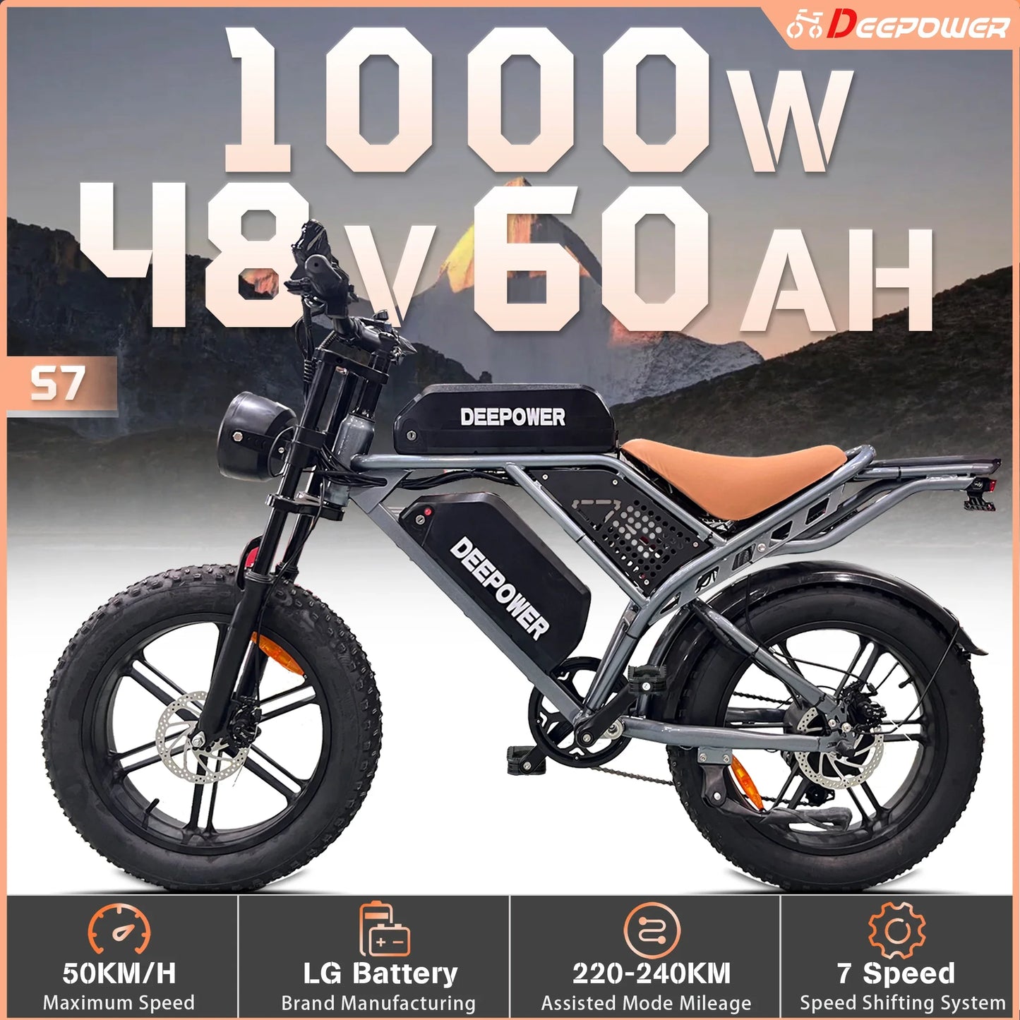 Vélo électrique tout-terrain DEEPOWER S7 pour adultes, moteur 1000 W, VTT électrique avec batterie LG 48 V 60 Ah, style moto tout-terrain