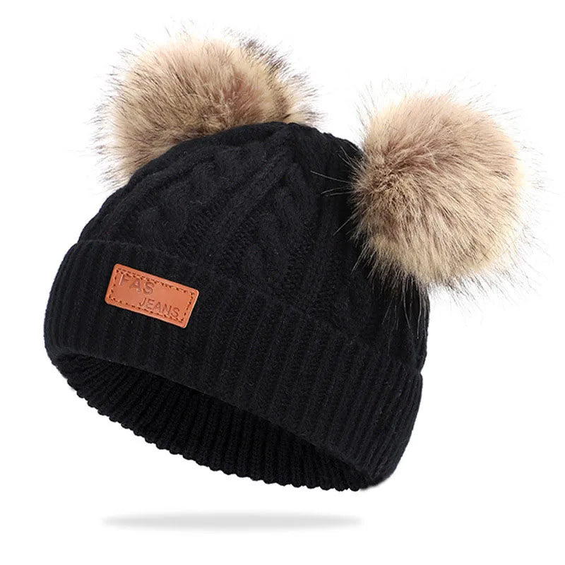 Cute Double Wool Pompom Baby Hat Children Cap Warm Autumn Winter Hats For Kids Boys Girls Knitted Warmer Beanie Caps Bonnet - Enfance-Heureuse