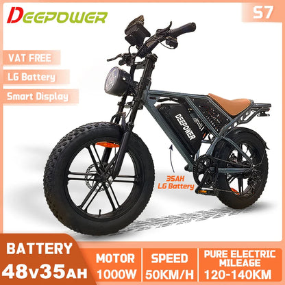 Vélo électrique tout-terrain DEEPOWER S7 pour adultes, moteur 1000 W, VTT électrique avec batterie LG 48 V 60 Ah, style moto tout-terrain