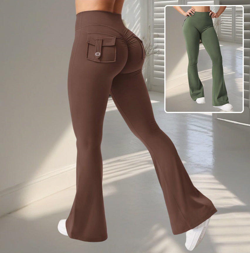 Yoga Fitness Flared Pants With Pockets Ins Fashion Slim High Waist Sports Trousers Scrunch Butt Booty Workout Lifting Leggings - Enfance-Heureuse