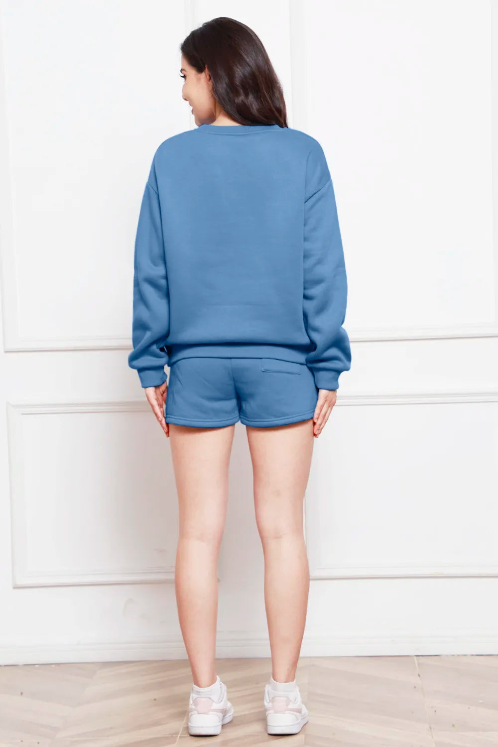 Round Neck Long Sleeve Sweatshirt and Drawstring Shorts Set - Enfance-Heureuse