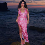 Sexy Print V-neck Backless Halter Stitching Mesh Stringy Selvedge Dress - Enfance-Heureuse