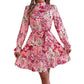 Standing Collar Floral Print Waist-controlled Long Sleeves Ruffled A-line Dresses For Women Spring Autumn Ruffle Edge Long Dress - Enfance-Heureuse