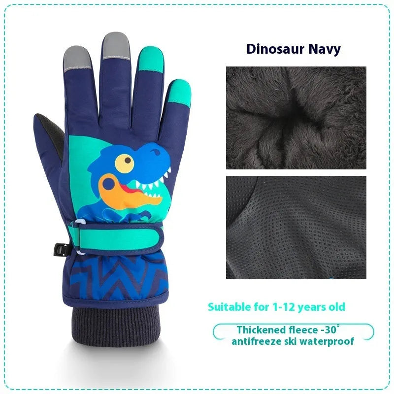 Children's Ski Windproof Warm Velvet Padded Thickened Little Dinosaur Gloves - Enfance-Heureuse