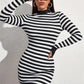 Striped Slim Long Sleeve Dress, Elegant Mock Neck Mini Dress For Summer & Spring, Women's Clothing