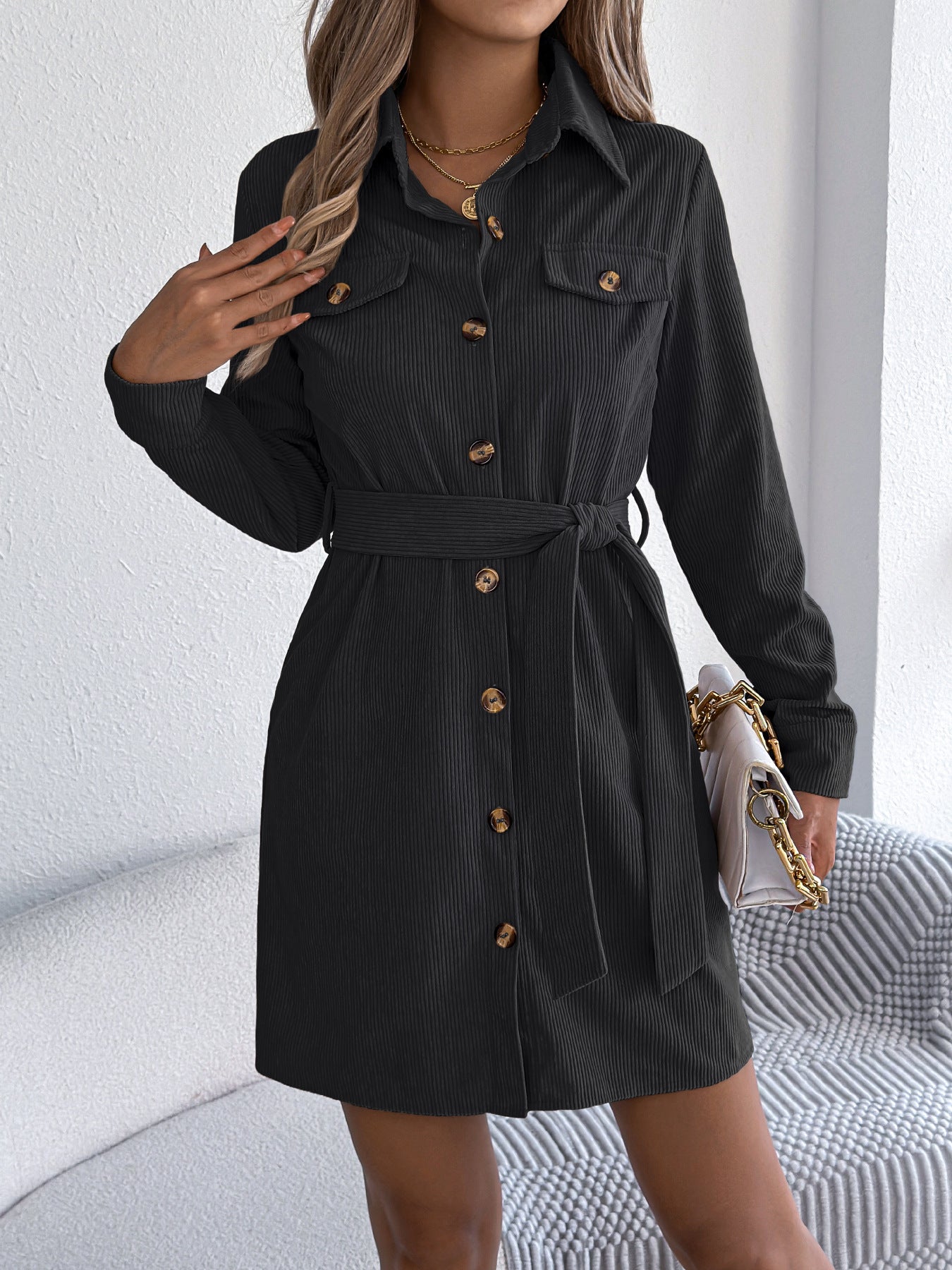 Casual Solid Color Single-breasted Long Sleeve Lace-up Corduroy Shirt Dress - Enfance-Heureuse