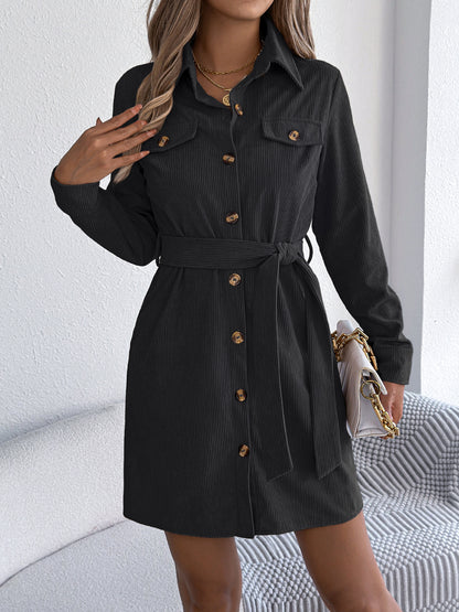 Casual Solid Color Single-breasted Long Sleeve Lace-up Corduroy Shirt Dress - Enfance-Heureuse