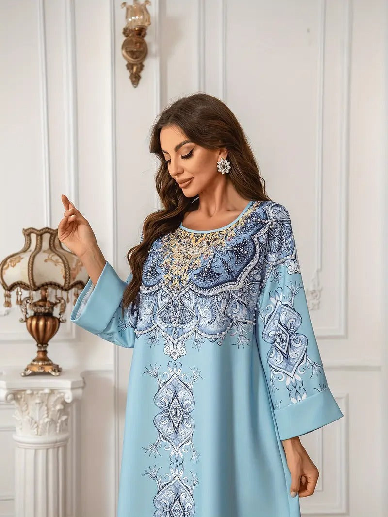 Printed Lace Detail Abaya Long Sleeved Extra Long Dress - Enfance-Heureuse