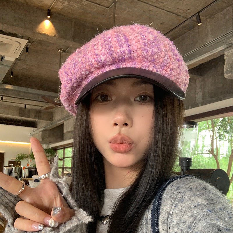 Korean PU Leather Brim Beret Autumn And Winter