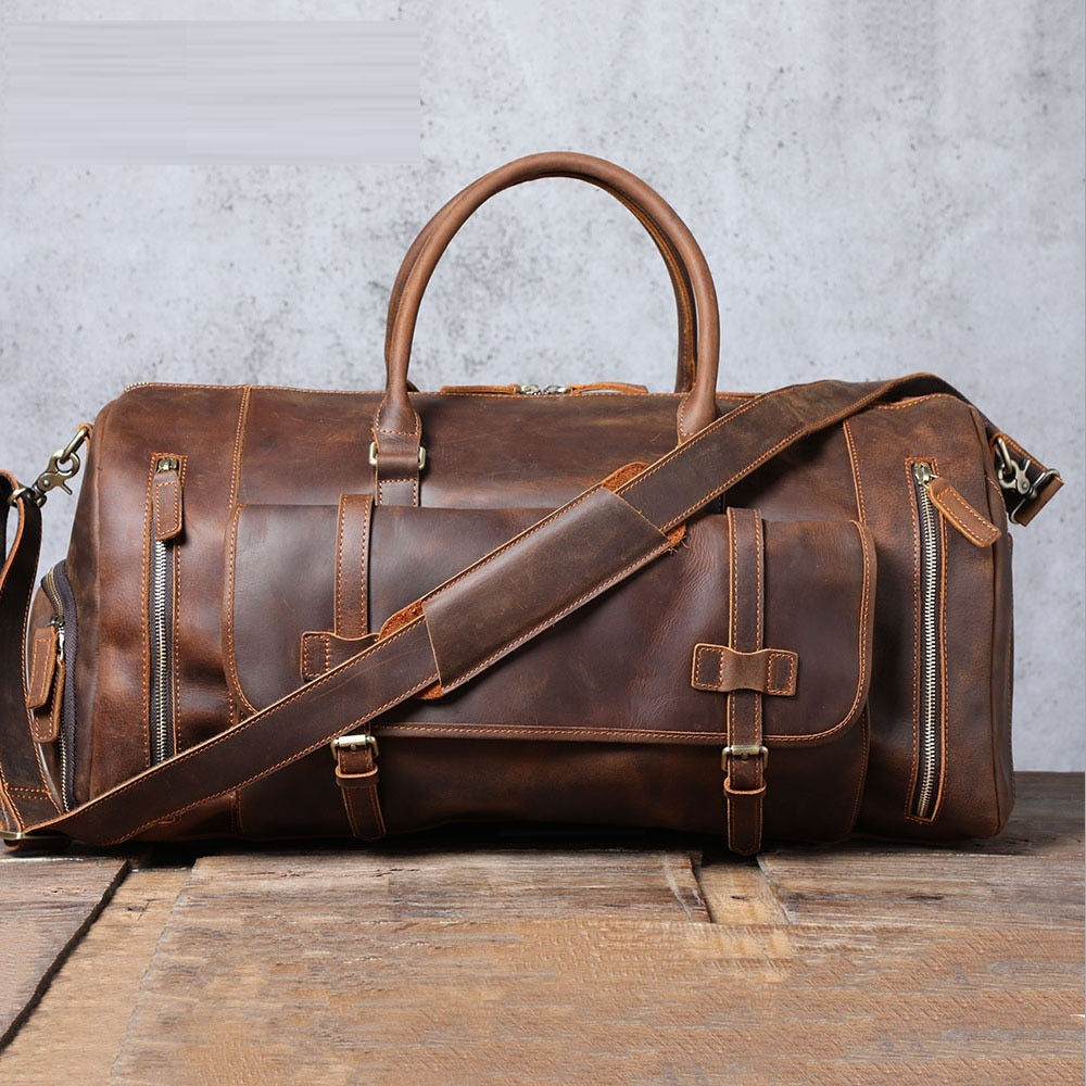 Men's Retro Genuine Leather Super Large Capacity First Layer Cowhide Leather Hand Luggage Bag - Enfance-Heureuse