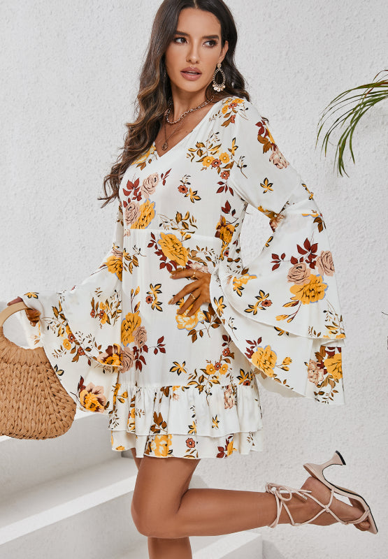 Printed V-Neck Flare Sleeve Mini Dress - Enfance-Heureuse