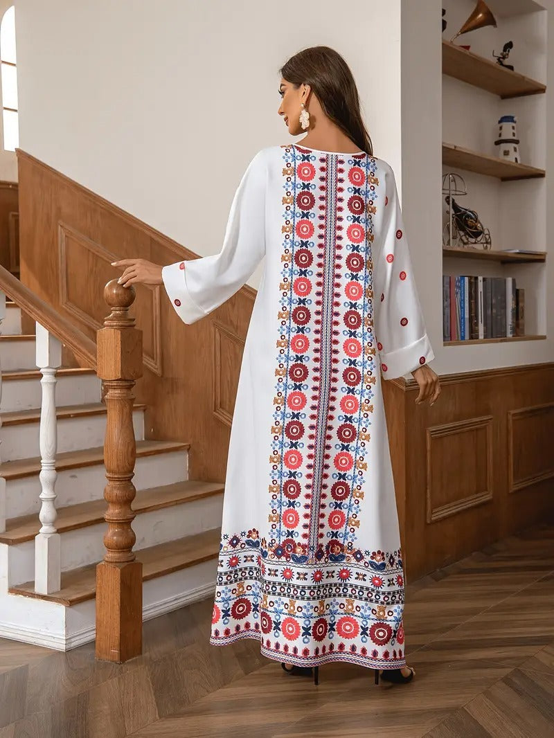 Middle Eastern Muslim Women's Rhinestone Bead Decorative Print And Rolled Up Sleeve Dress - Enfance-Heureuse