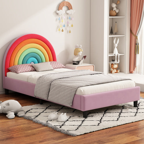 Rainbow Design Upholstered Twin Platform Bed Cute Style Princess Bed For Boys Girls, Teens - Enfance-Heureuse