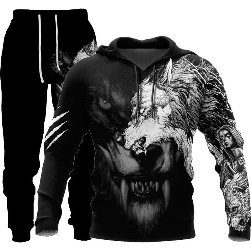 3D Wolf Print Tracksuit Men Sportswear Hooded Sweatsuit Two Piece Outdoors Running Fitness Mens Clothing Jogging Set - Enfance-Heureuse