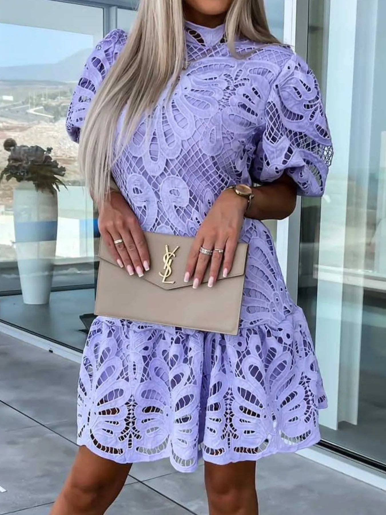 Lace Mock Neck Puff Sleeve Dress - Enfance-Heureuse