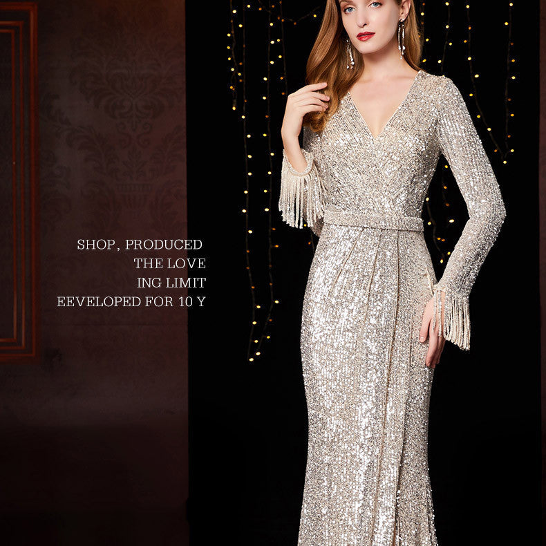 Temperament Banquet Ladies Sequined Annual Meeting Host Long Evening Dress - Enfance-Heureuse