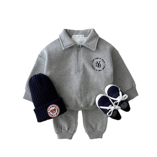 Fleece-lined Lapel Sweatshirt And Sweatpants Suit Children's Two-piece Suit - Enfance-Heureuse