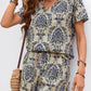 Loose Printed Casual Suit V-neck Short Sleeve Top Elastic Waist Shorts - Enfance-Heureuse