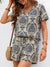 Loose Printed Casual Suit V-neck Short Sleeve Top Elastic Waist Shorts - Enfance-Heureuse