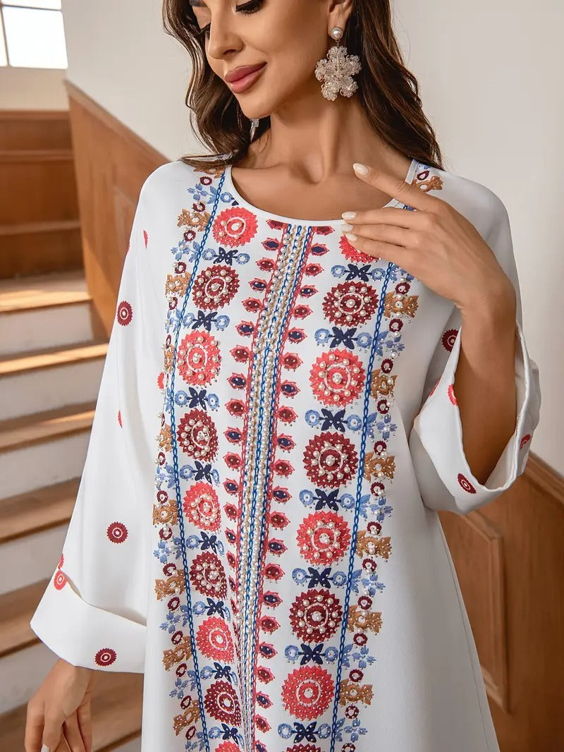 Middle Eastern Muslim Women's Rhinestone Bead Decorative Print And Rolled Up Sleeve Dress - Enfance-Heureuse
