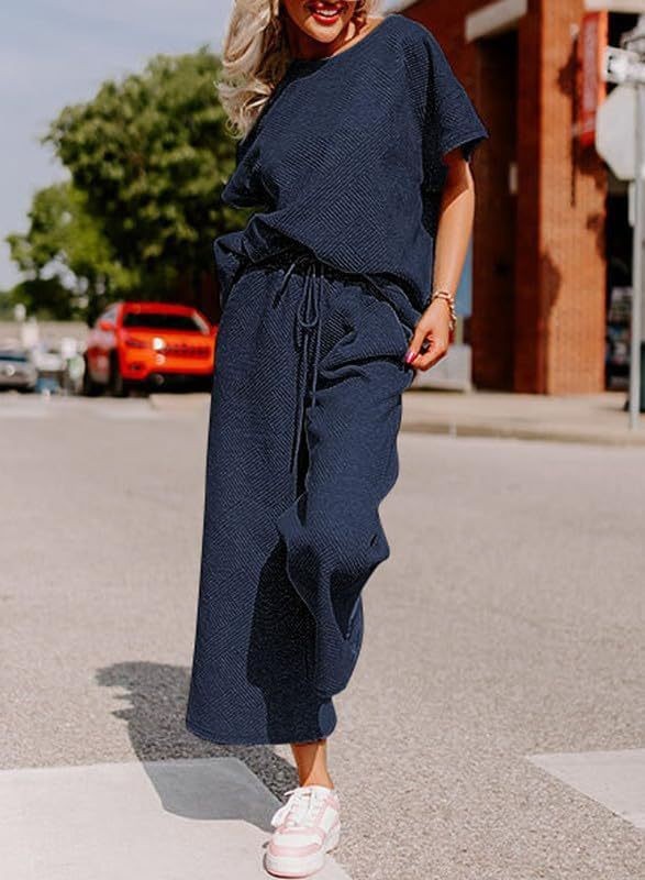 Solid Color Texture Casual Fashion Women's Wear Short-sleeved Trousers Two-piece Set - Enfance-Heureuse