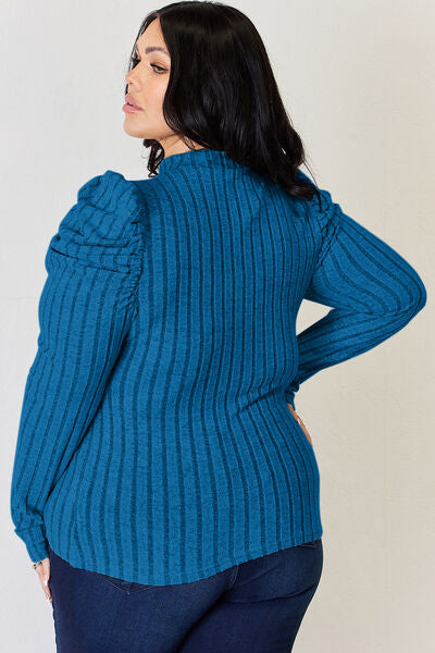 Basic Bae Full Size Ribbed Mock Neck Puff Sleeve T-Shirt - Enfance-Heureuse