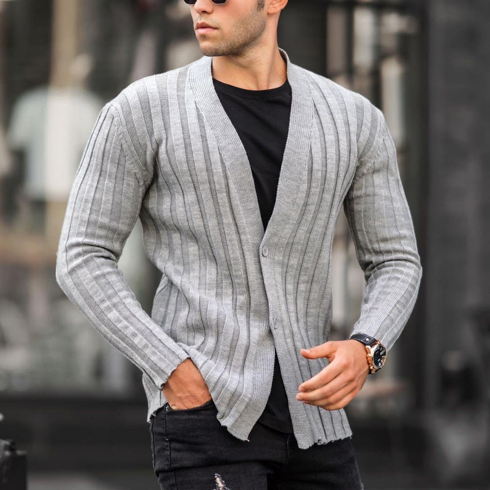 European And American Men's Solid Color Cardigan Pit Strip Casual Slim Sweater Knit Sweater - Enfance-Heureuse