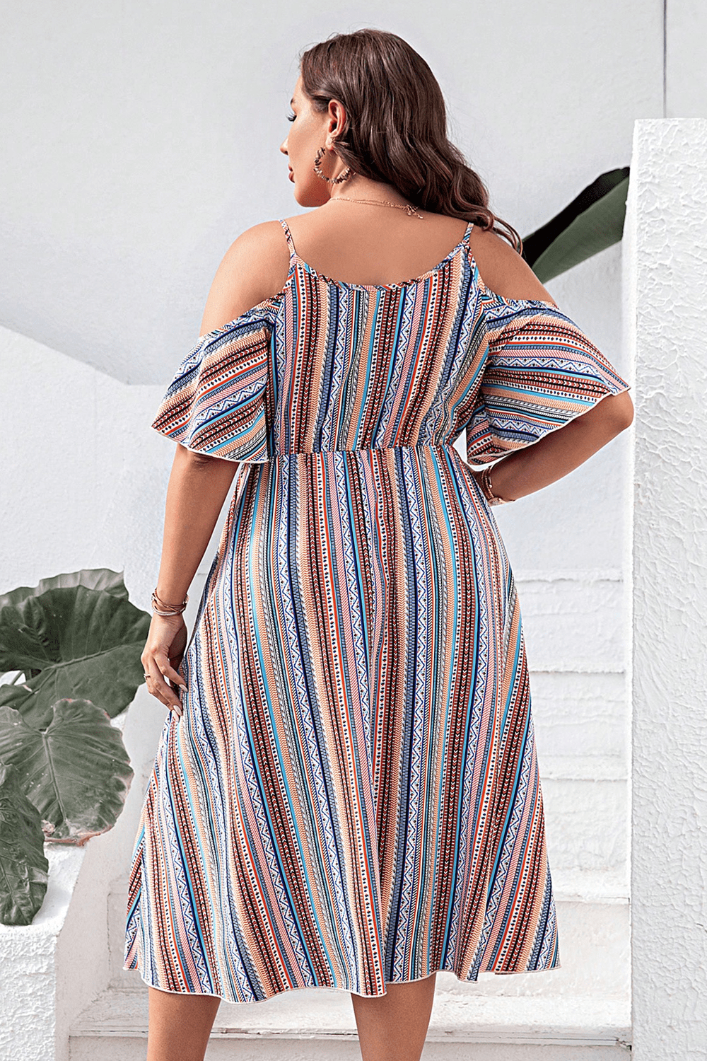 Plus Size Striped Cold-Shoulder Dress - Enfance-Heureuse