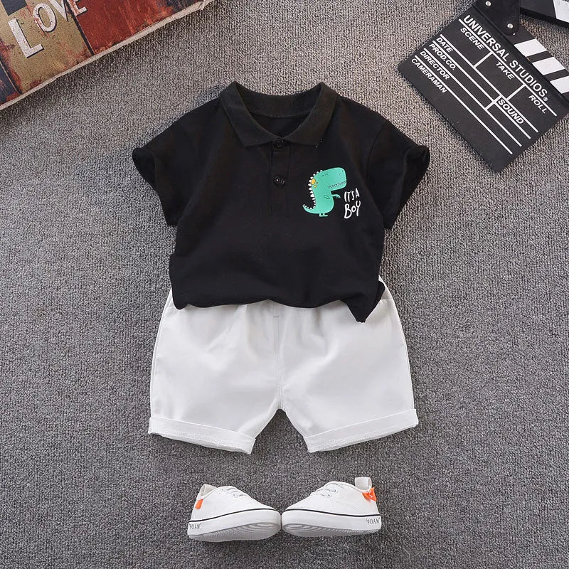 T-shirt à manches courtes motif dinosaure pour garçon, ensemble deux pièces