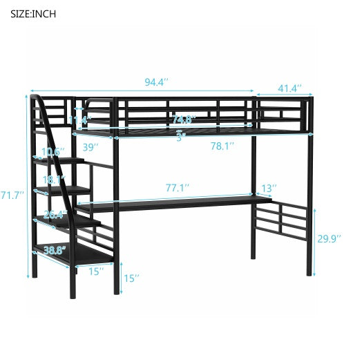 Metal Loft Bed Frame With Desk, No Box Spring Needed,Twin ,Black - Enfance-Heureuse