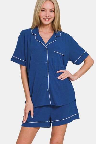 Zenana Button Down Short Sleeve Top and Shorts Lounge Set - Enfance-Heureuse