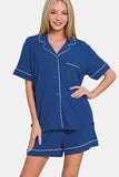 Zenana Button Down Short Sleeve Top and Shorts Lounge Set - Enfance-Heureuse