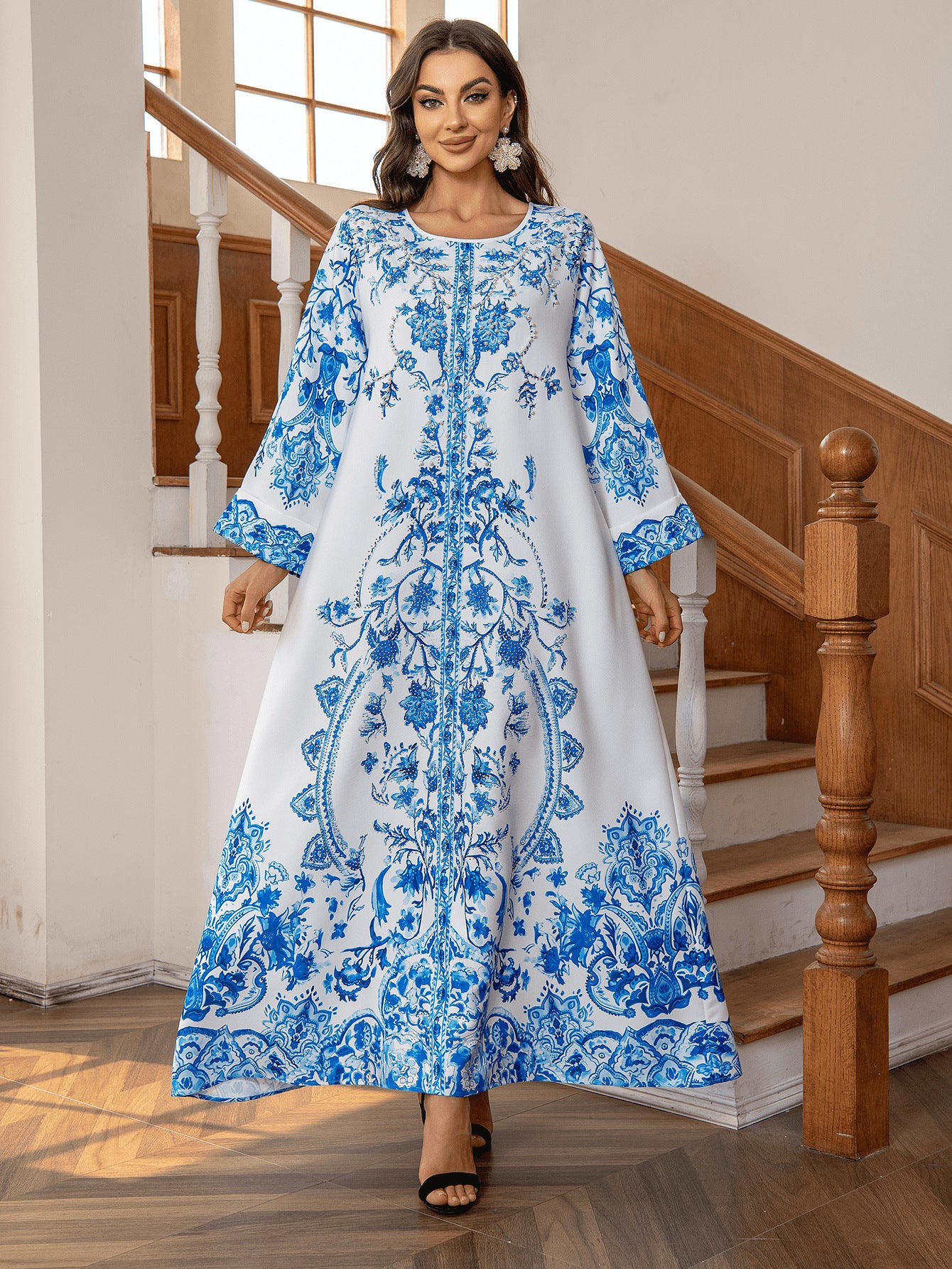 Muslim Robe Diamond Studded Bead Round Neck Dress - Enfance-Heureuse