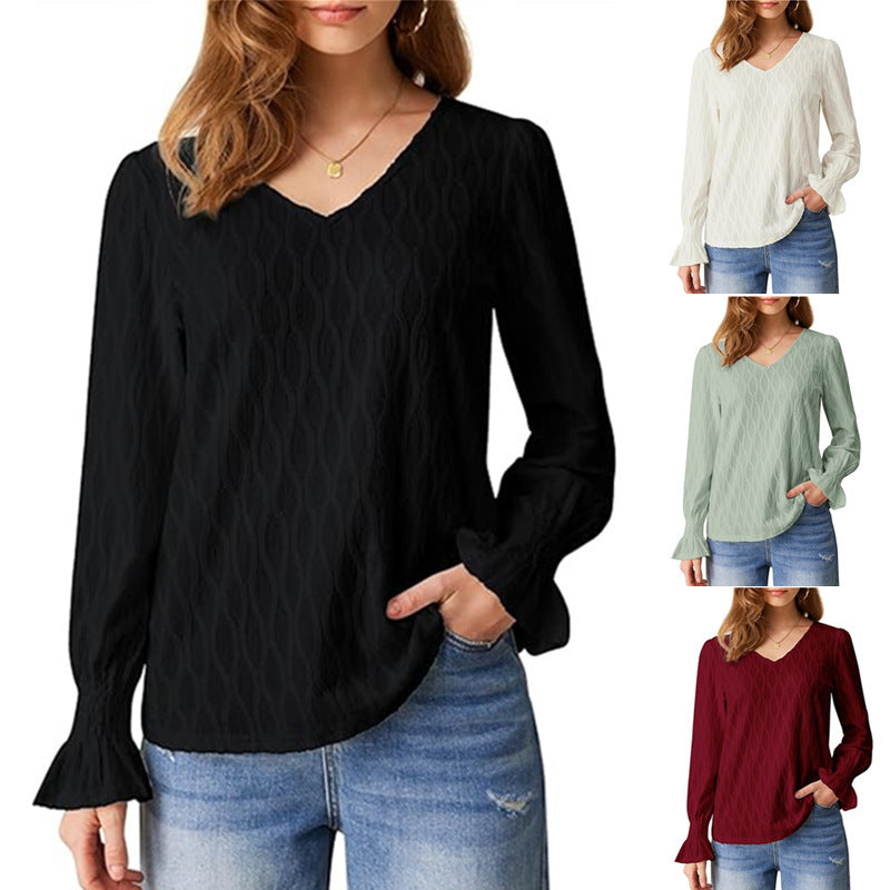 Fashion V-neck Long Sleeve Smocking T-shirt Top Women's Clothing - Enfance-Heureuse