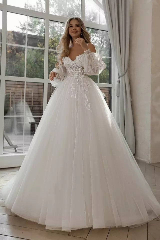 Boho Bride Gown Puff Sleeve Off Shoulder Wedding Dresses - Enfance-Heureuse