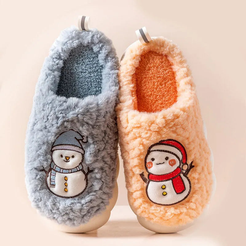 Pantoufles mignonnes de bonhomme de neige pour l'hiver, intérieur, en peluche chaude, à semelles épaisses, antidérapantes, pantoufle de maison, chaussures de maison - Enfance-Heureuse