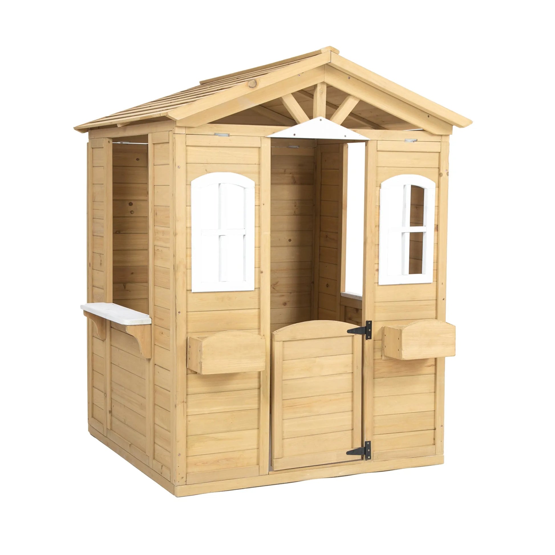 Wooden Outdoor Playhouse For Children With Work Doors, Windows, Mailbox, Flower Pot Stand - Enfance-Heureuse