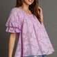 Umgee Full Size Jacquard Round Neck Ruffled Puff Sleeve Blouse Plus Size - Enfance-Heureuse