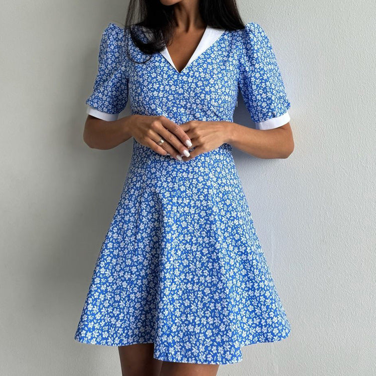 Lapel High-waist Blue Floral Dress - Enfance-Heureuse