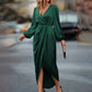 Women's Solid Color V-Neck Long Sleeve Dress With Elastic Cuffs & Asymmetrical Hem Draped Party Dress For Spring&Fall