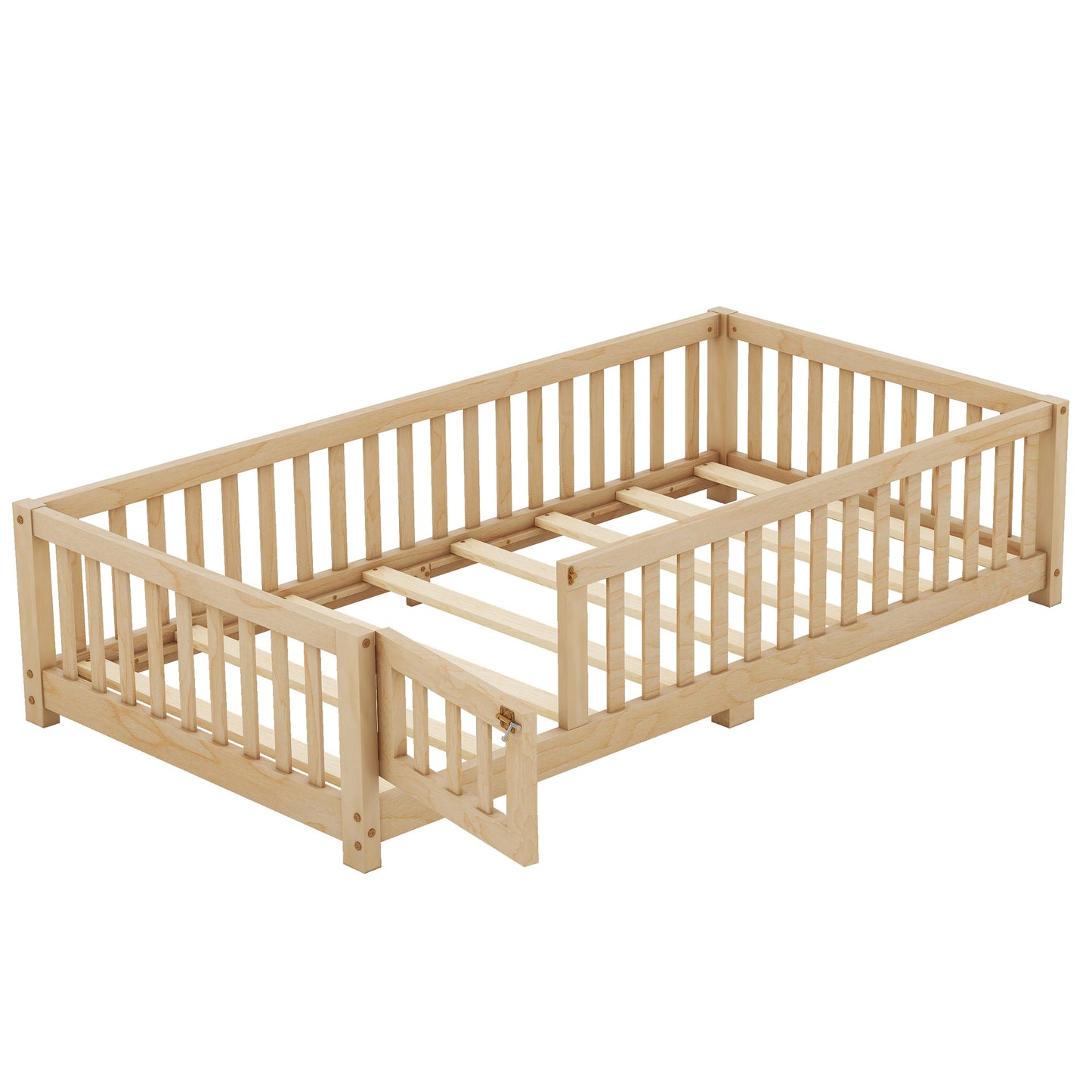 Twin Size Bed Floor Bed With Safety Guardrails And Door For Kids, Natural - Enfance-Heureuse