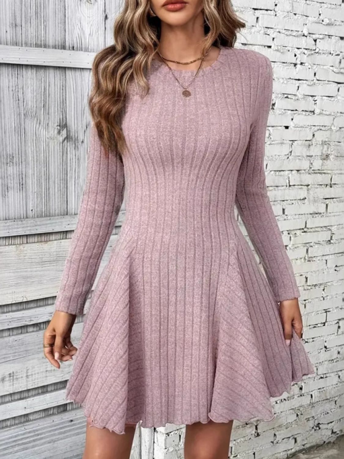 Ribbed Round Neck Long Sleeve Mini Dress - Enfance-Heureuse