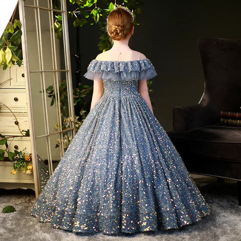 Robe de princesse à paillettes pour enfants de grande taille, costumes de défilé de style occidental pour l'hiver