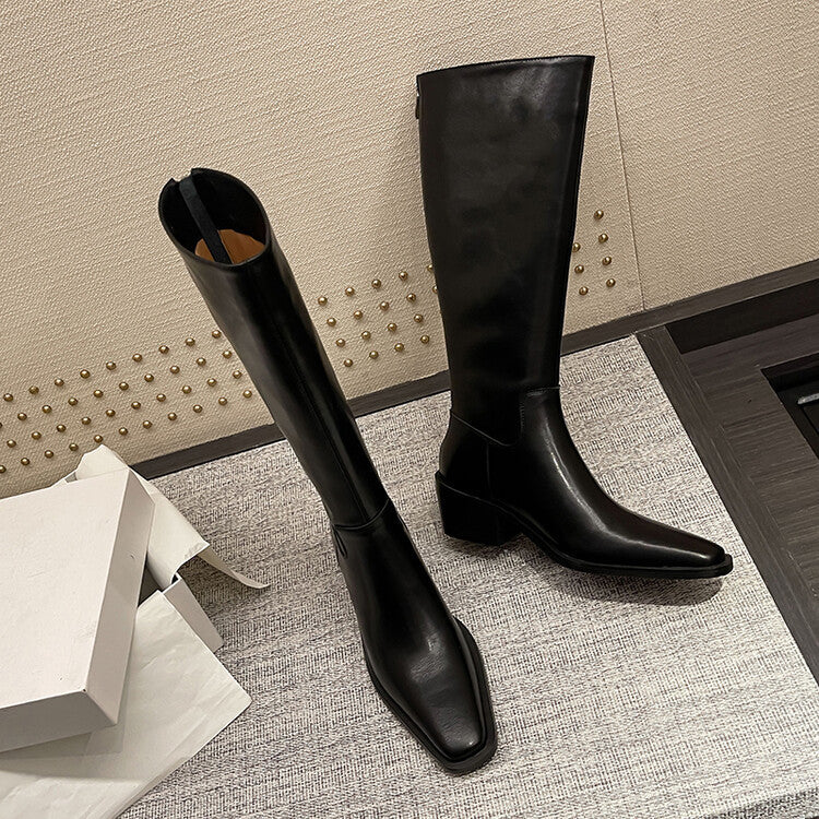 Bottes hautes style britannique à bout carré, talon moyen et épais, en cuir de vache blanc, fermeture éclair à l'arrière