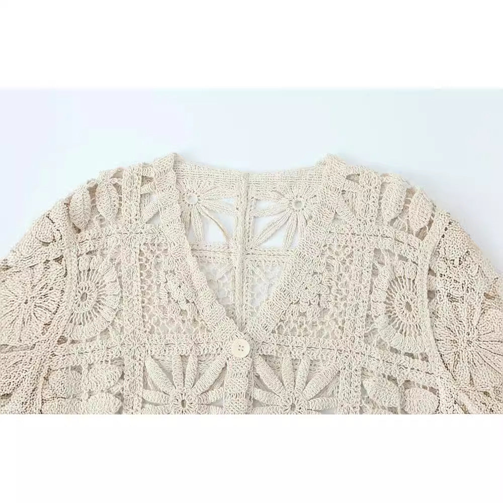 Women's Fashion Three-dimensional Hollow-out Crocheted V-neck Knitted Cardigan Wide-leg Lace Pants - Enfance-Heureuse