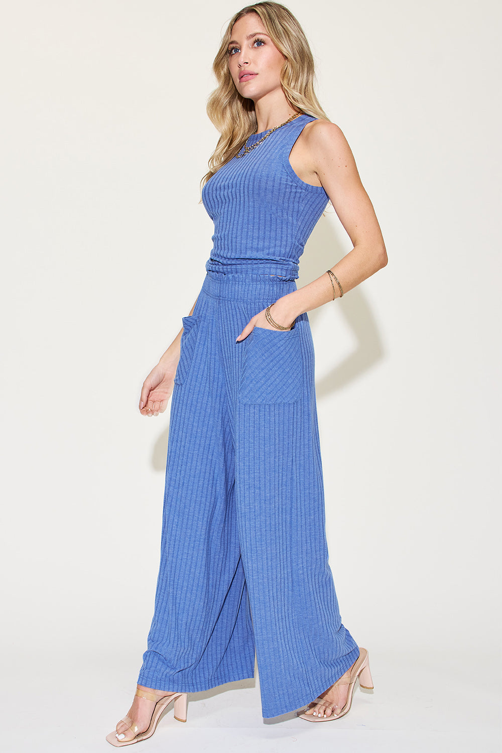Basic Bae Full Size Ribbed Tank and Wide Leg Pants Set - Enfance-Heureuse