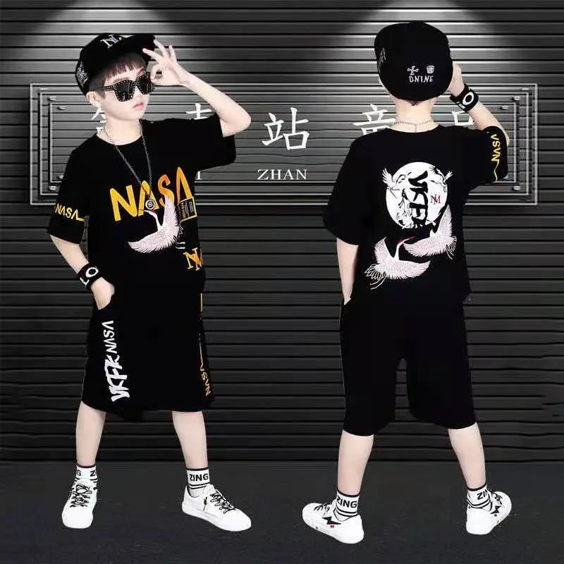 Boys' Summer Loose Sports Clothes Middle And Big Children's Two Piece Set - Enfance-Heureuse